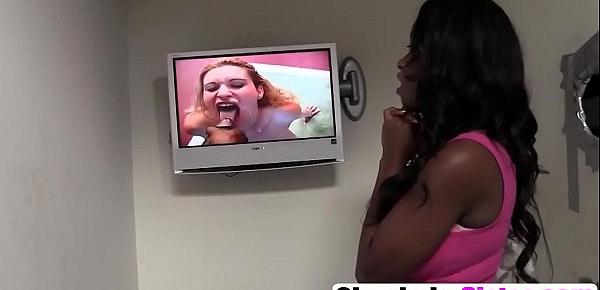  A big tit ebony babe Jezabel blows big white dick in a gloryhole room